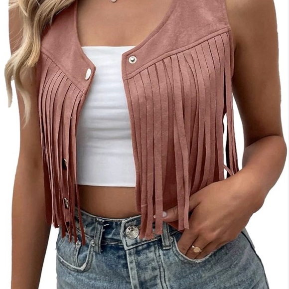 Tops - Fringed Suede Vest in Pink